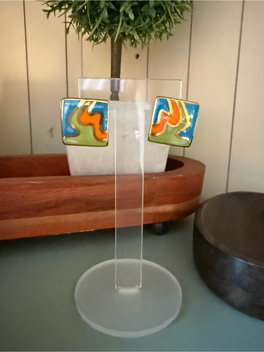 Vintage abstract artisan signed ceramic earrings